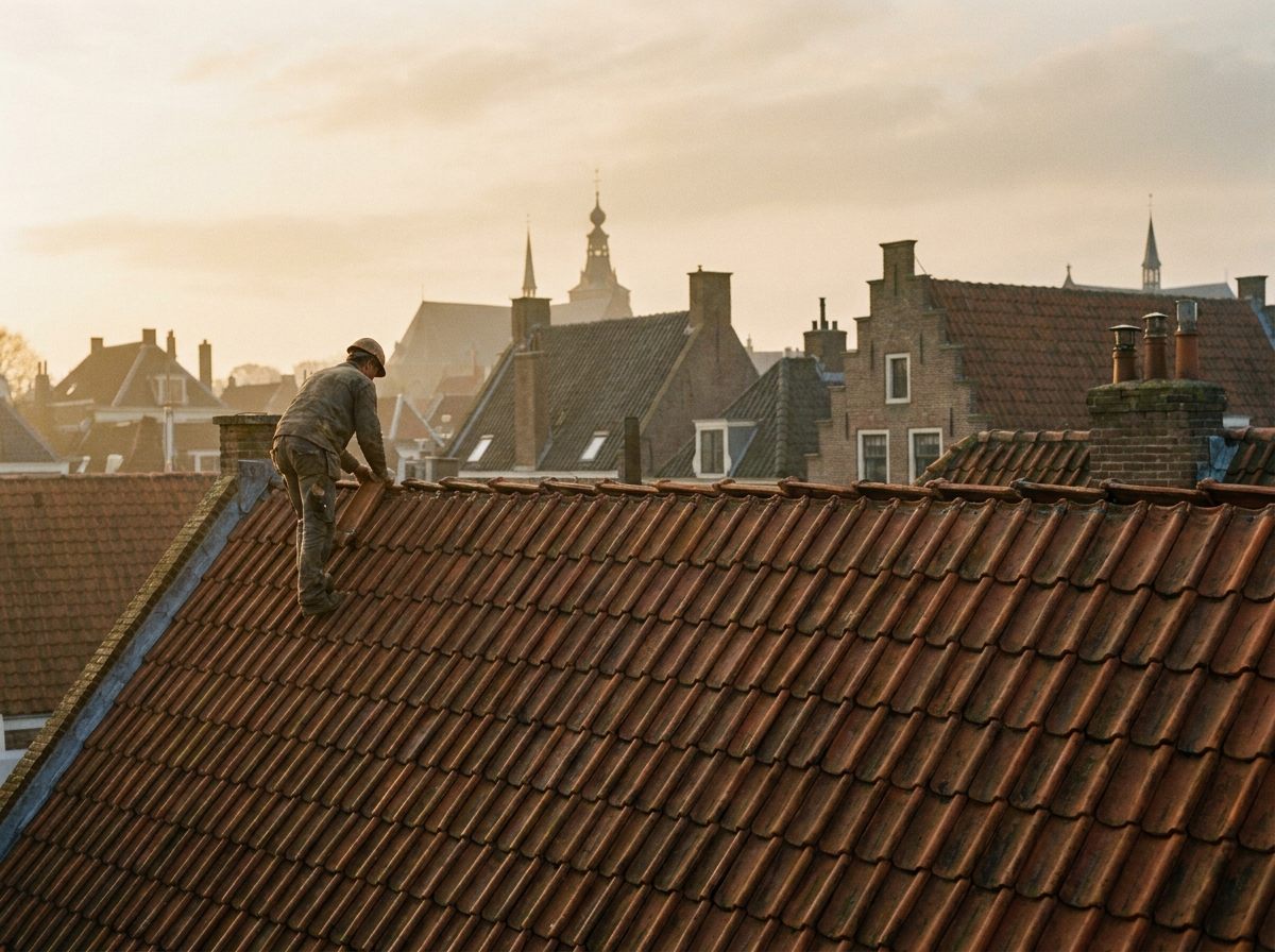 Dakdekker aan het werk op een pannendak in ochtendlicht