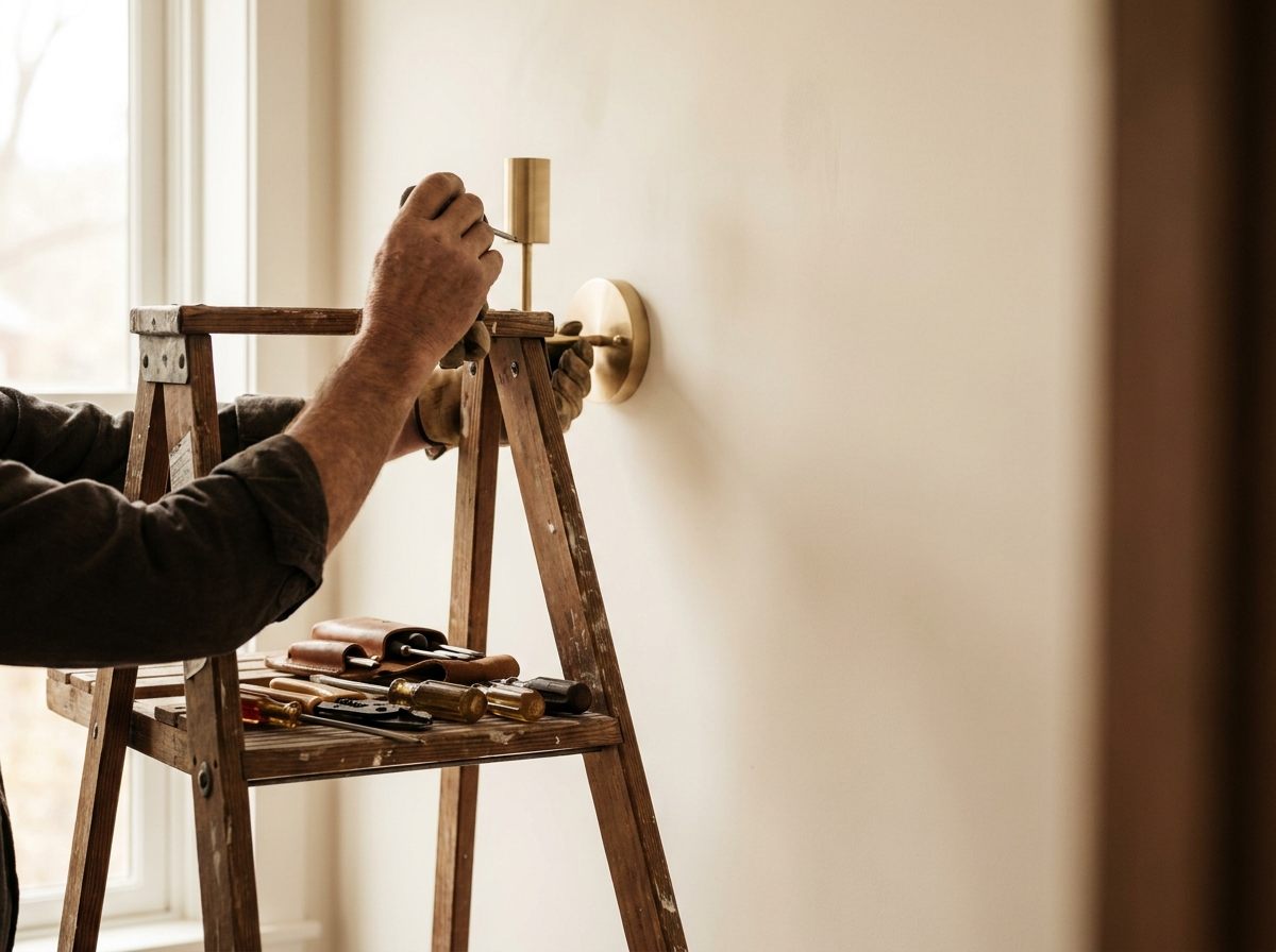 Vakman monteert een messing wandlamp op een gestuukte wand