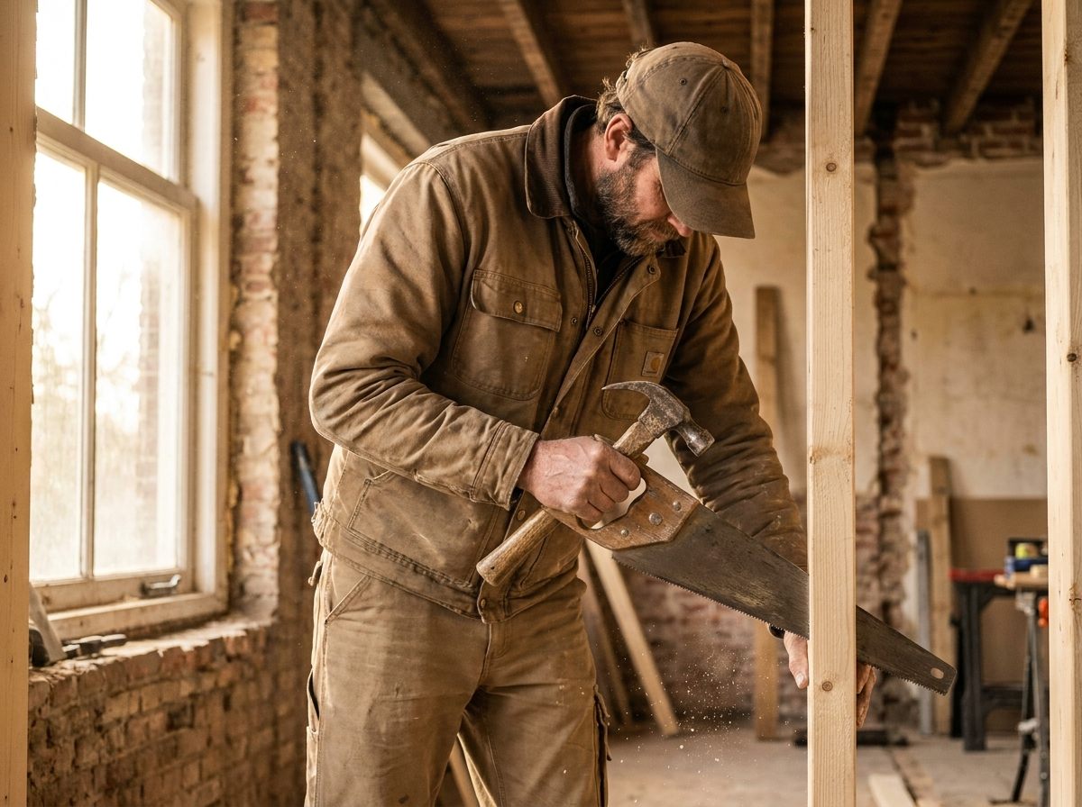 Timmerman monteert houten wandframe op een renovatielocatie